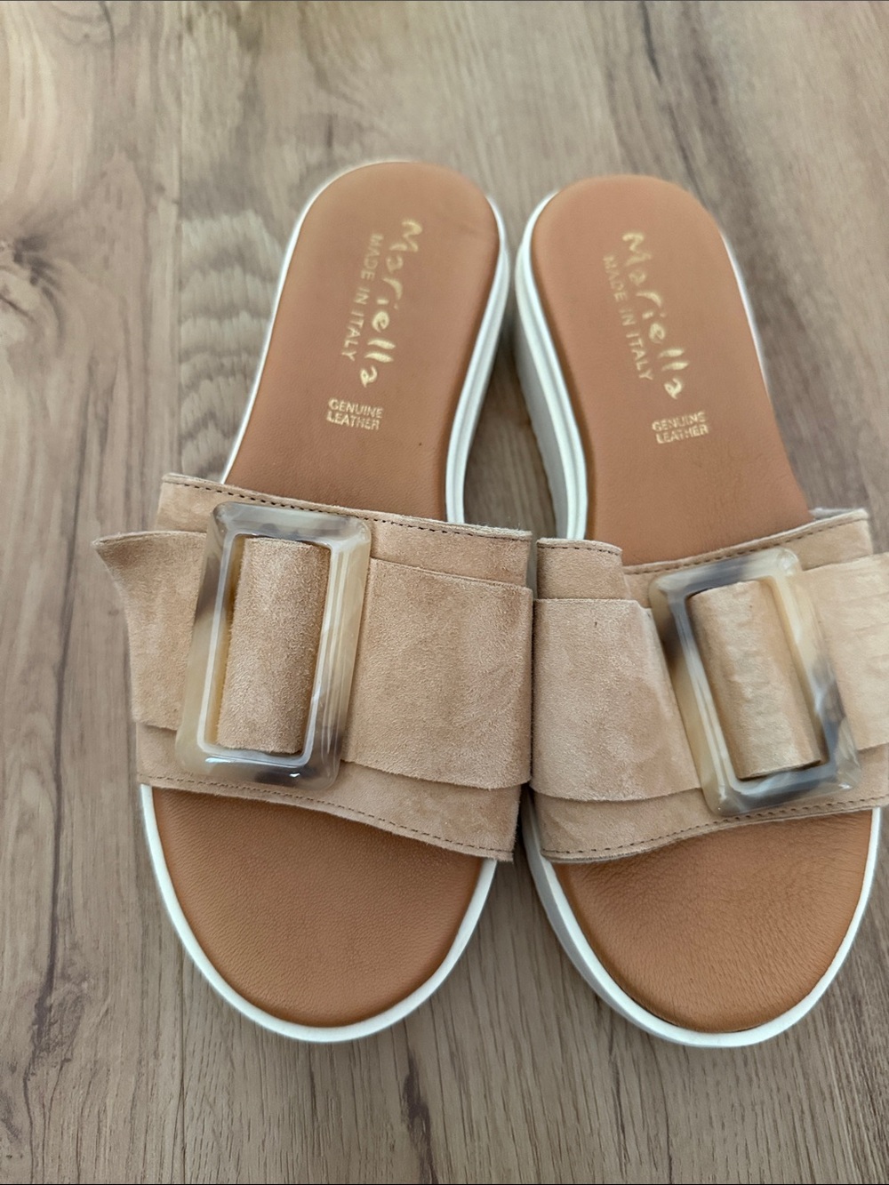Mariela Beige Suede Platform Slides with Buckle